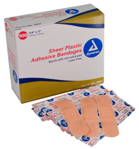 Sheer Strip Adhesive Bandage, Plastic, 3/4in X 3in Box of 100